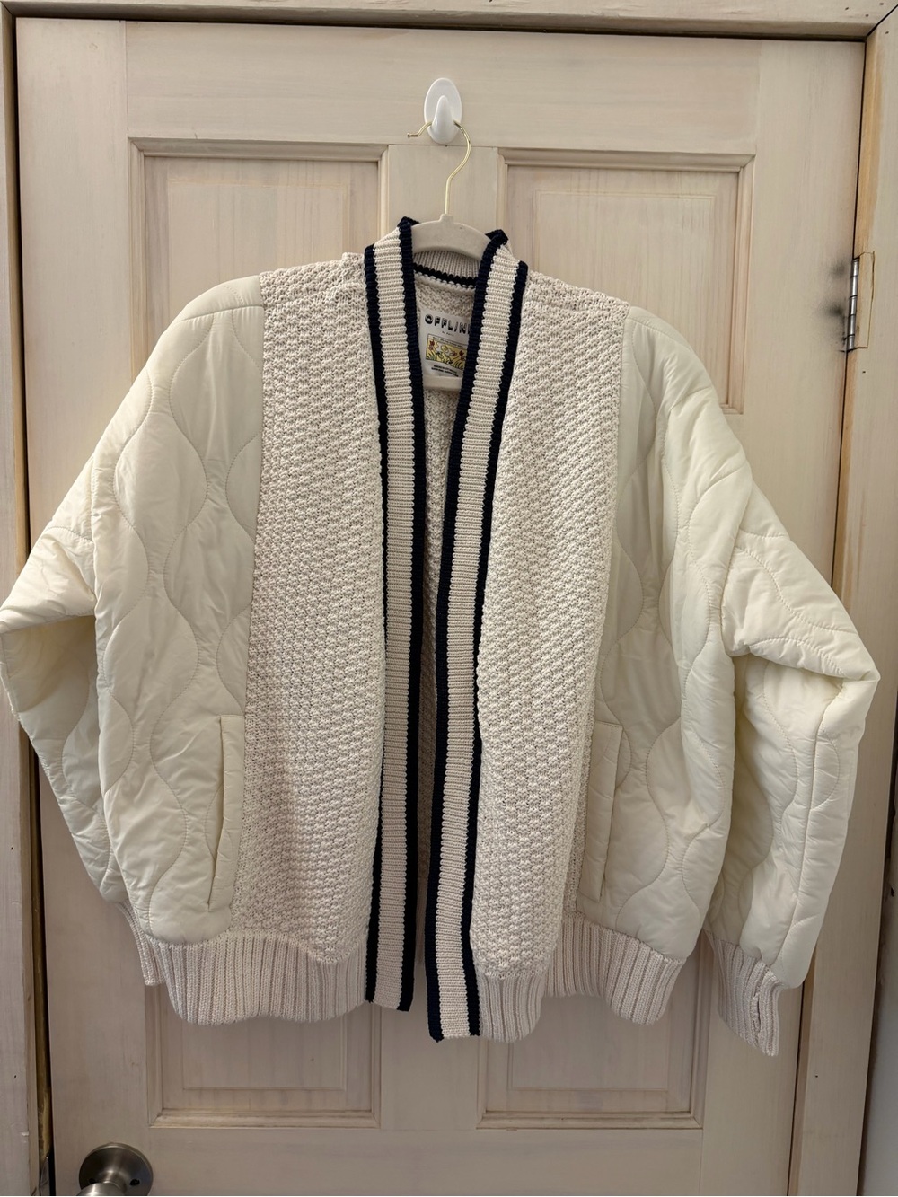 Openlink Cream Quilted Knit-Trim Varsity Jacket